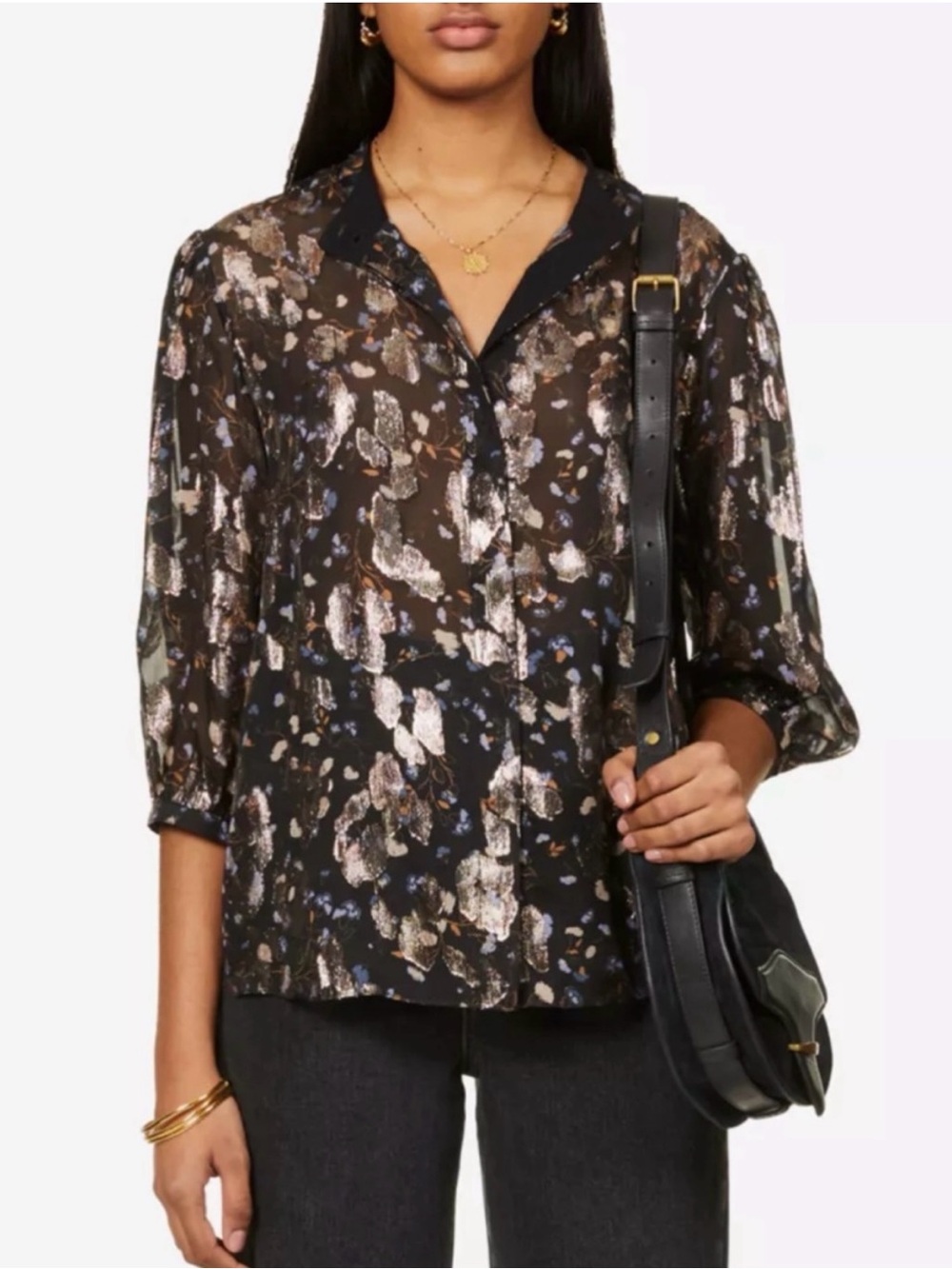 Ba&sh Tanama Floral Metallic Silk-Blend Blouse Size US 4 / Small EU 1 Elegant